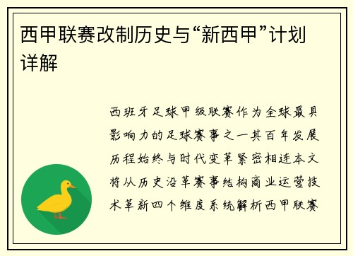 西甲联赛改制历史与“新西甲”计划详解